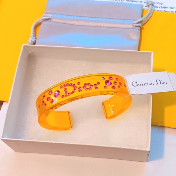 Dior Jewelry - 💛 Christian Dior Yellow Acrylic Cuff Bracelet w/Pink Rhinestones NWT!